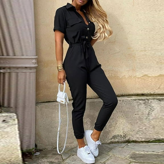 BONIXOOM Jumpsuits for Women Cargo Pants Women Solid Mid Waisted Short Jogging Casual Overalls Baggy Fit Straight-Leg Standard Black M
