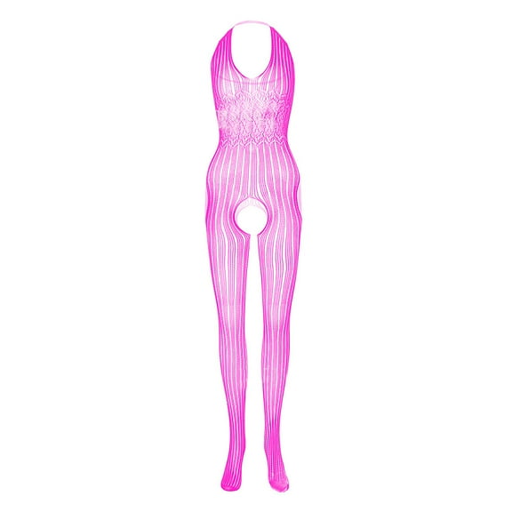 Lovskoo 2024 Women's Mesh Bodystocking Fishnet Sleepwear High Elasticity Hollow Out Bodysuits One Piece Jumpsuit Nightwear See-Through Gift for Valentine's Day Hot Pink