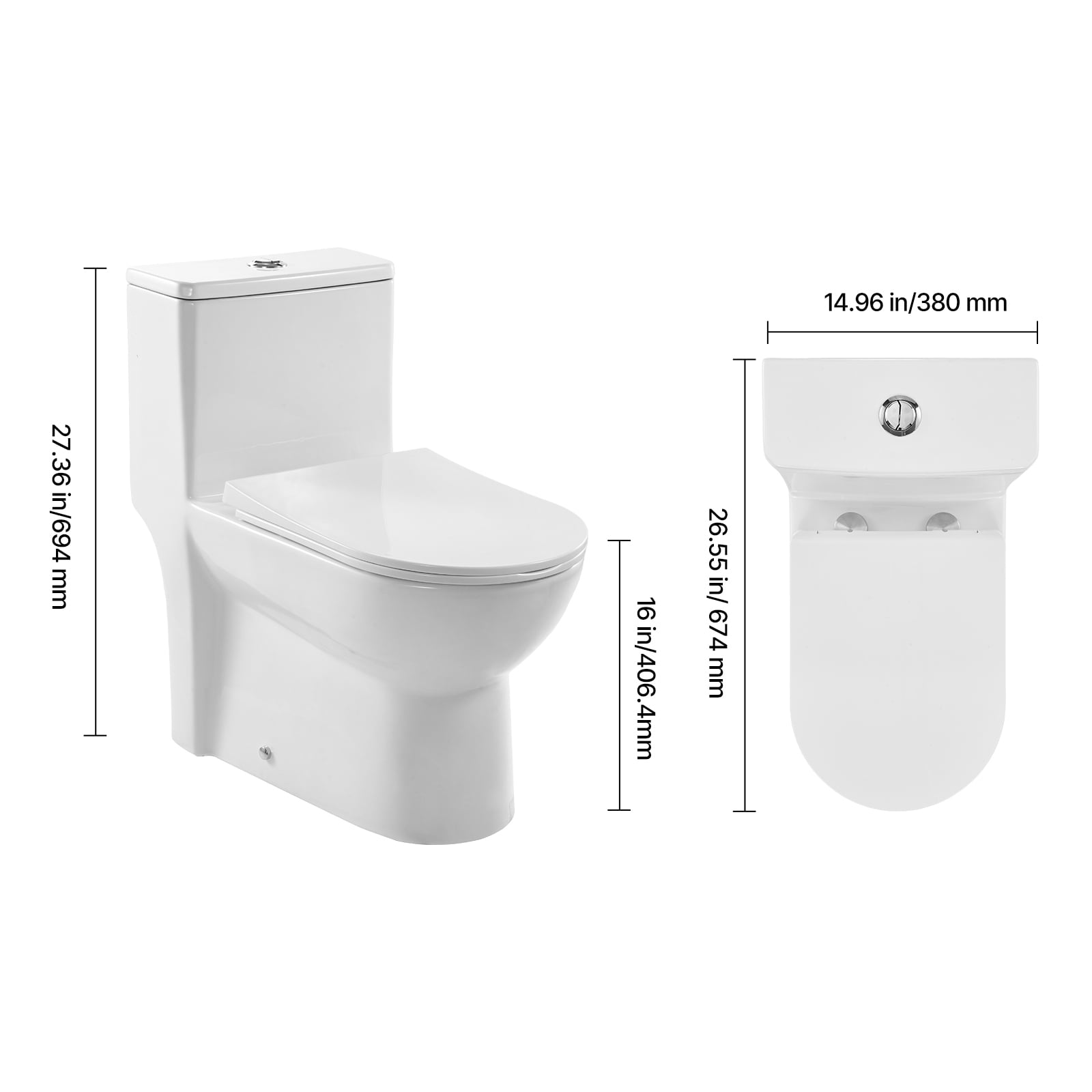 KFFKFF One-Piece Elongated Toilet with Dual-Flush 1.1/1.6 GPF, Bathroom Toilet with Comfortable Chair-Height Seat, Standard Height, Easy-to-Clean Skirted Design, 10-Inch Rough-In, White and Silver