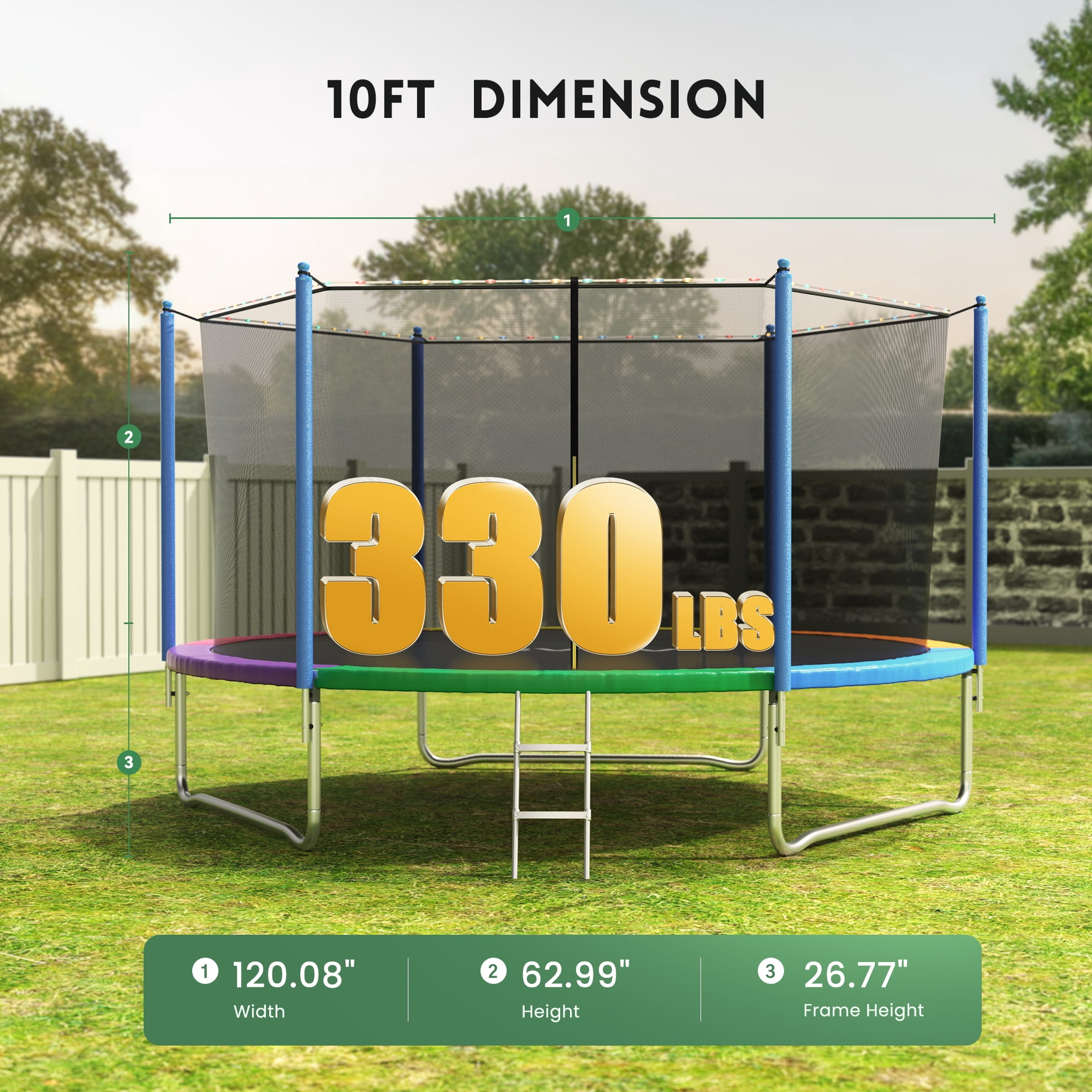 GVDV Outdoor Trampoline, 10' Backyard Recreational Trampoline with Enclosure for Kids & Adults