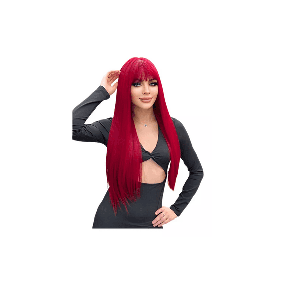 Peluca Roja Larga Flequillo Lacio Para Mujer Dama Cosplay