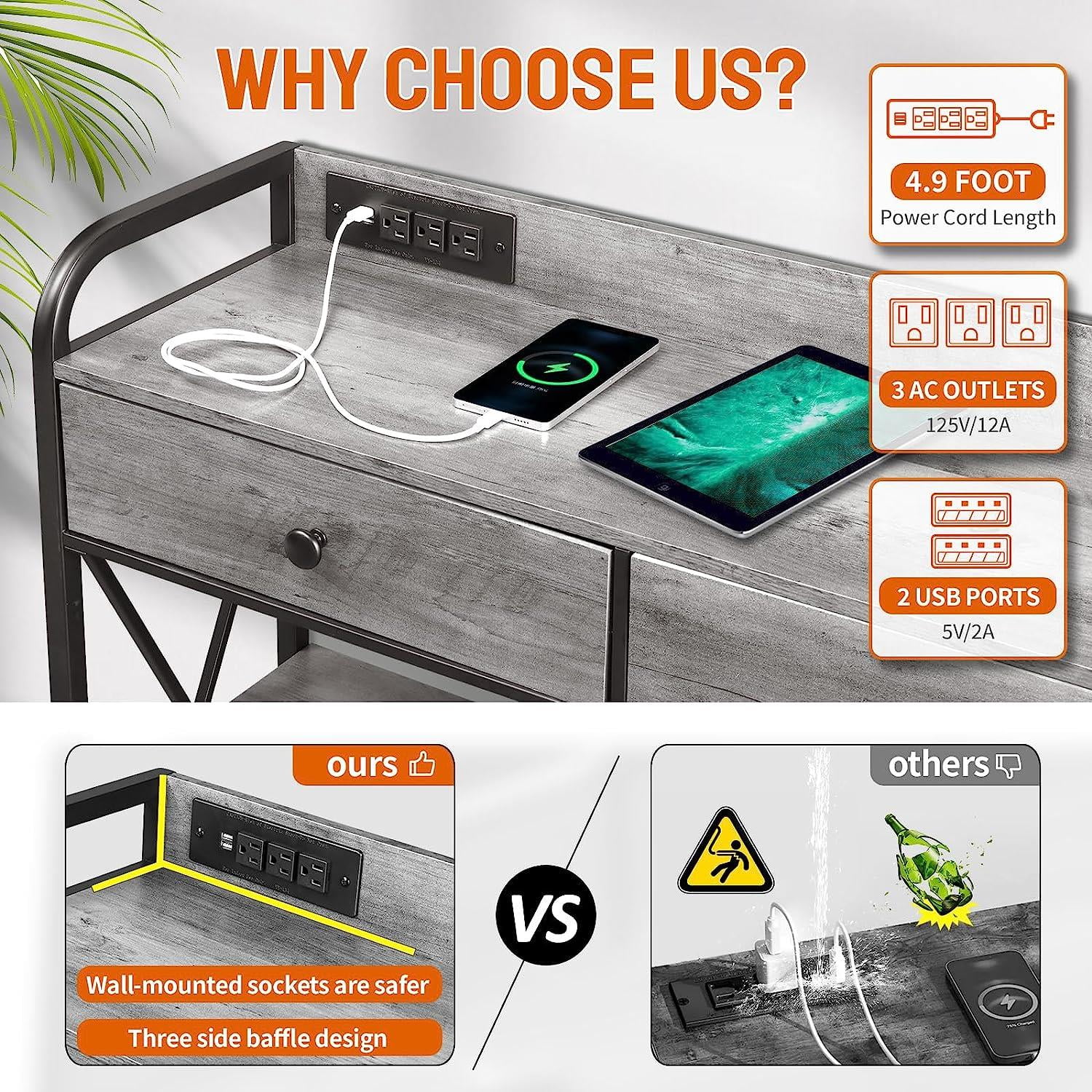 "Zimtown 55"" Industrial Console Table with Power Outlet and USB Ports, Gray, Suitable for Living"