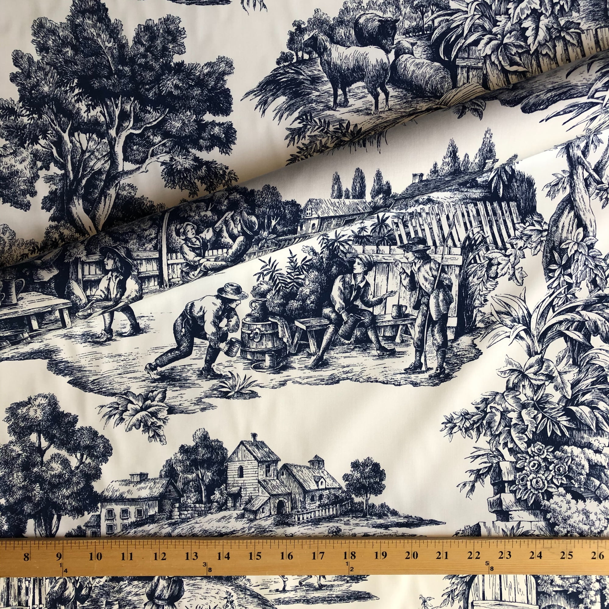 Navy Blue Traditional Toile Cotton Upholstery Fabric 54 by the Yard