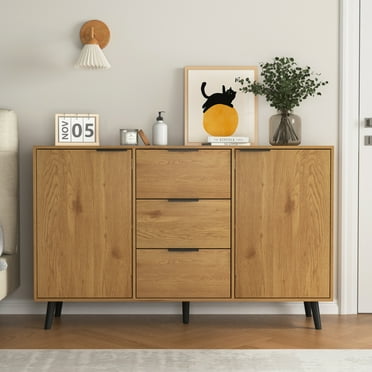 Sideboard Buffet Cabinet with Storage - 47.2" Wood Coffee Bar Cabinet with 3 Drawers & 2 Doors, Kitchen Cupboard in Natural Wood