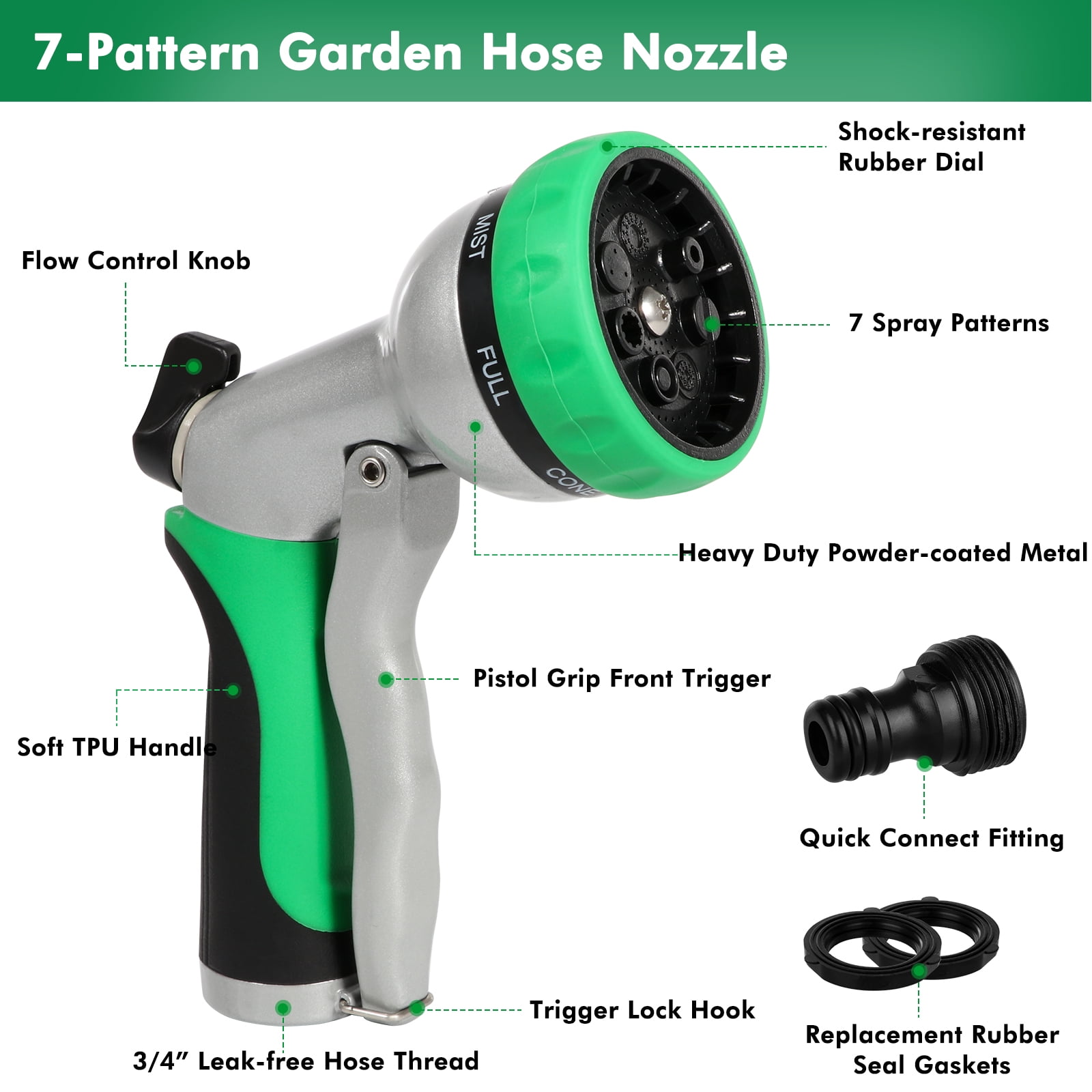 Restmo Garden Hose Nozzle, Heavy Duty Metal Water Hose Nozzle with 7 Adjustable Spray Patterns, High Pressure Hand Sprayer with Flow Control, Green