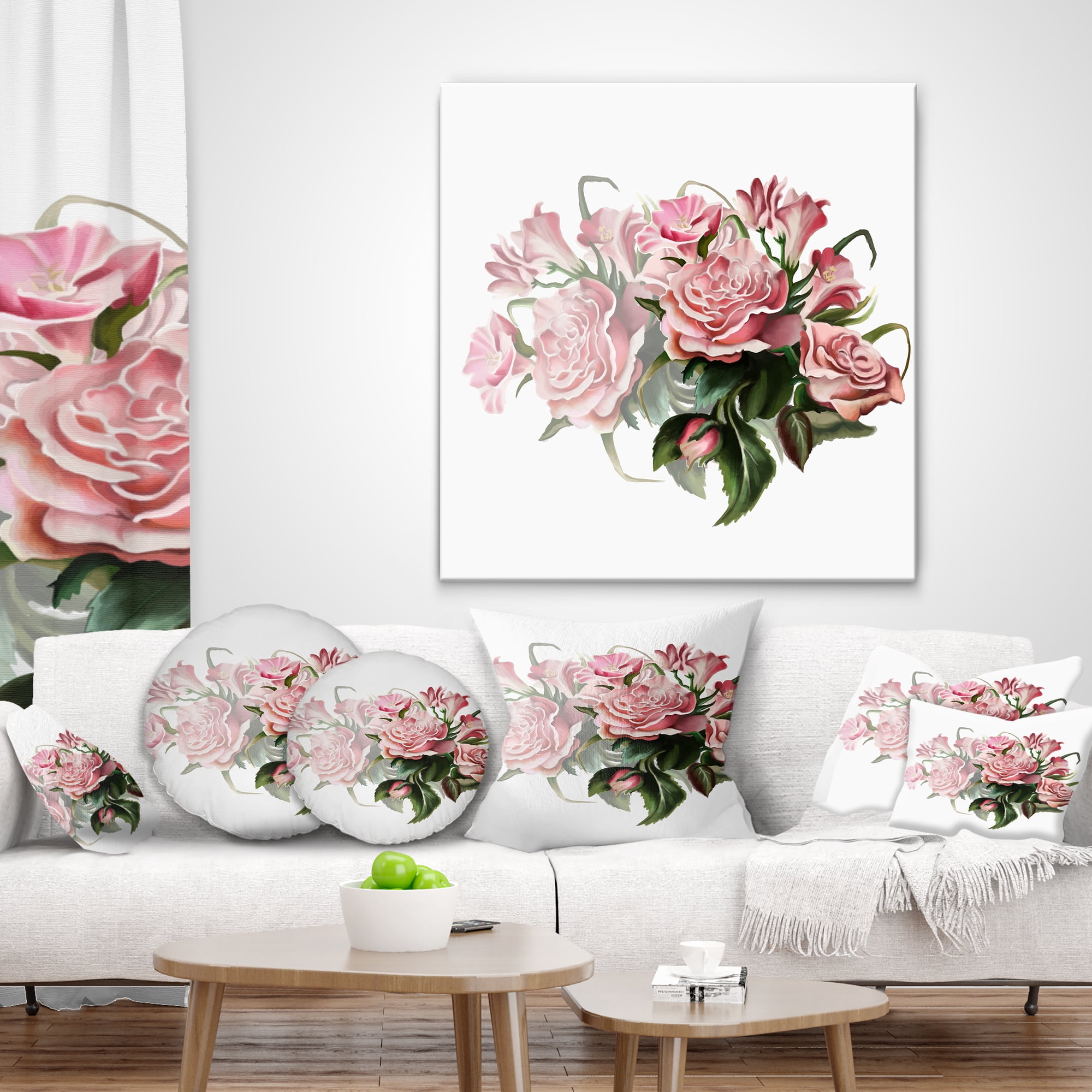 Designart Pink Rose Bouquet Watercolor - Floral Throw Pillow - 16x16