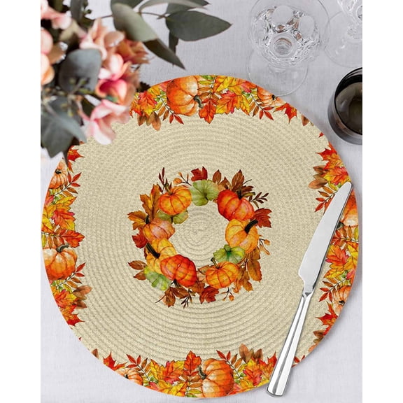 15 Inch Round Placemats Set of 4, Thanksgiving Pumpkin Non Slip Heat Insulation PP Table Mats, Fall Maple Leaves Autumn Beige Washable Place Mats for Kitchen Dining Party Table Decor