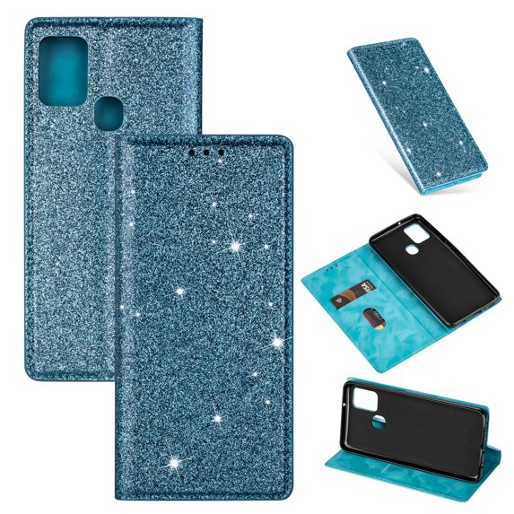 Galaxy A21s Case, Allytech PU Leather Glitter Bling Desgin Slim Fit Kickstand Folio Flip Cover Credit Cards Slots Shockproof Wallet Case Cover for Samsung Galaxy A21s, Skyblue