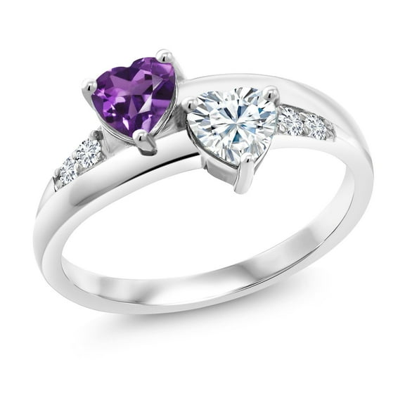Gem Stone King 0.92 Cttw Heart Shape Purple Amethyst White Moissanite and Lab Grown Diamond Ring for Women | 925 Sterling Silver | Heart 5MM | Gemstone Birthstone (Size 6)