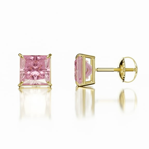 Small Princess Cut Pink Cz Women's Yellow Gold Plated 925 Sterling Silver CZ Stud Screw Back Earrings