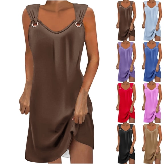Aboser Elegant Dresses for Women Summer Loose Fit Midi Dress Trendy O Ring Shoulder Tank Dresses Casual Sleeveless Sundress Solid Color V Neck Dress