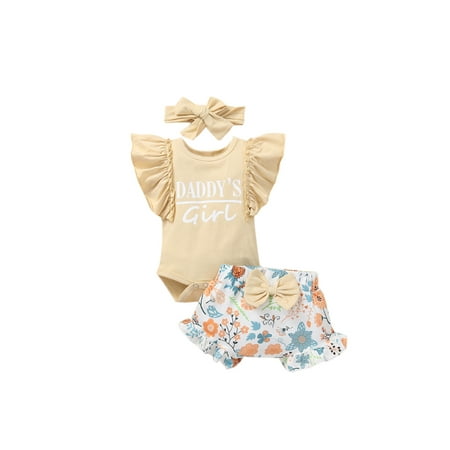 

Qiylii Baby Clothes Set Fly Sleeve Letter Romper+Floral Print Shorts+Headband