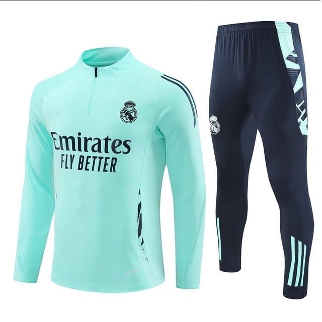 2425 New Real Madrid Football Long Sleeve Half Zip Adult and Kids Training Jersey Light Green - Perfect Light green Light green