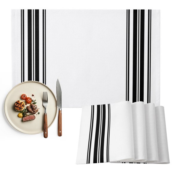 Black White Stripe, Placemats Set of 4, Abstract Geometric Washable Wipeable Table Mats for Dining Tables, Indoor Outdoor Kitchen Place Mats for Holiday Party Table Decor