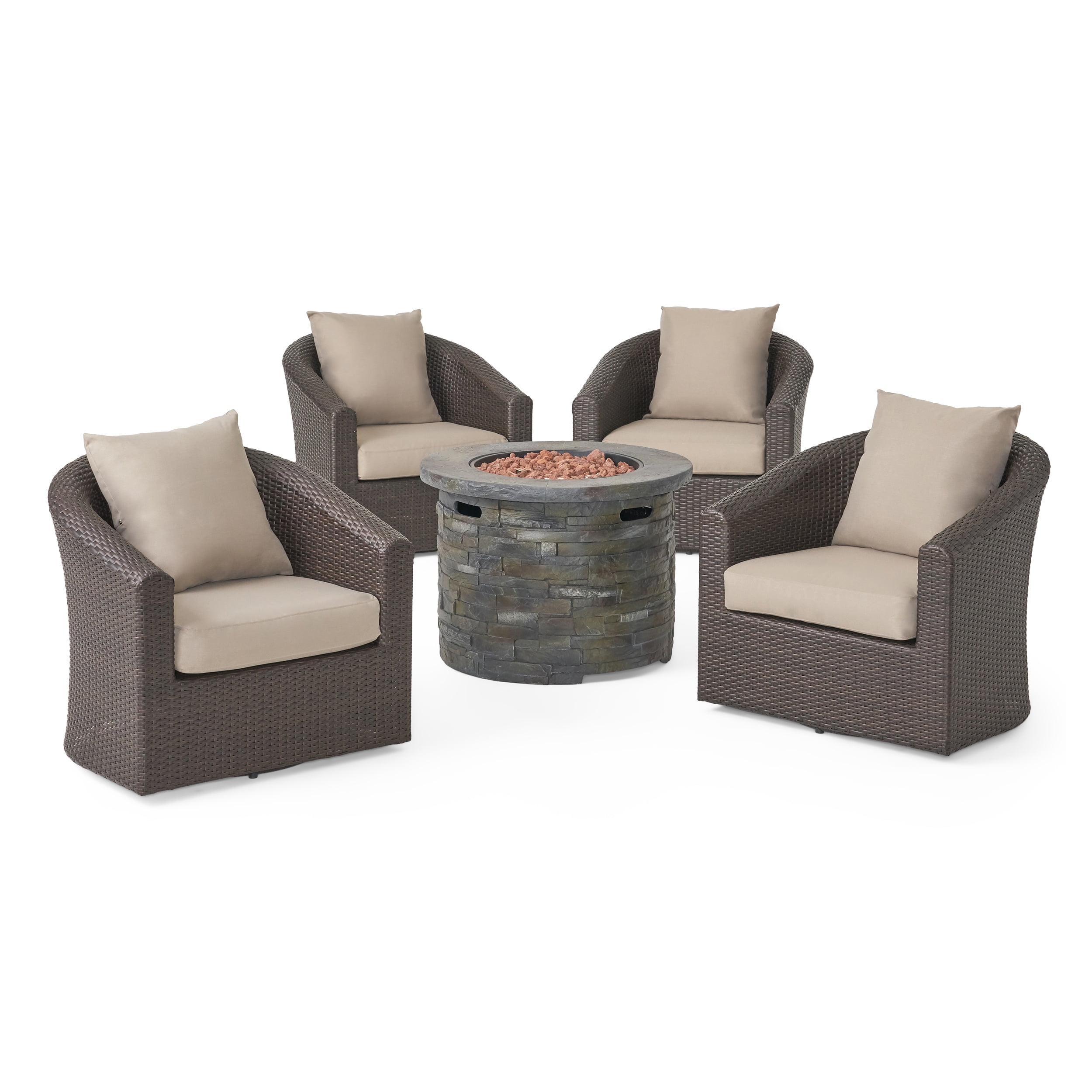 Davion Outdoor 5 Piece Wicker Swivel Club Chair Set with Fire Pit and Cushions, Mix Brown, Mix Khaki, Natural Stone