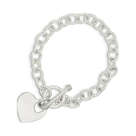 - 925 Sterling Silver Engraveable Heart Disc on Fancy Link Toggle Bracelet