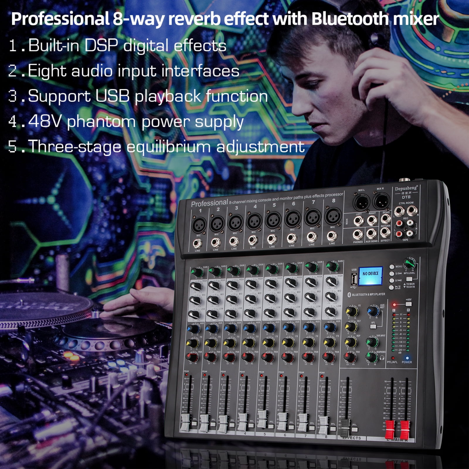 Depusheng DT8 Professional Audio Mixer 8 Channel Mixing Console with USB Computer MP3 Input 48V Phantom Power Stereo DJ Studio FX Steel Chassis