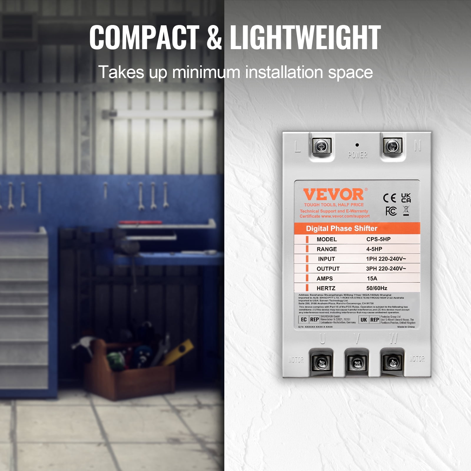VEVOR 3 Phase Converter - 5HP 15A 220V Single Phase to 3 Phase Converter, Digital Phase Shifter for Residential and Light Commercial Use, 220V-240V Input/Output (One Converter for One Motor Only)