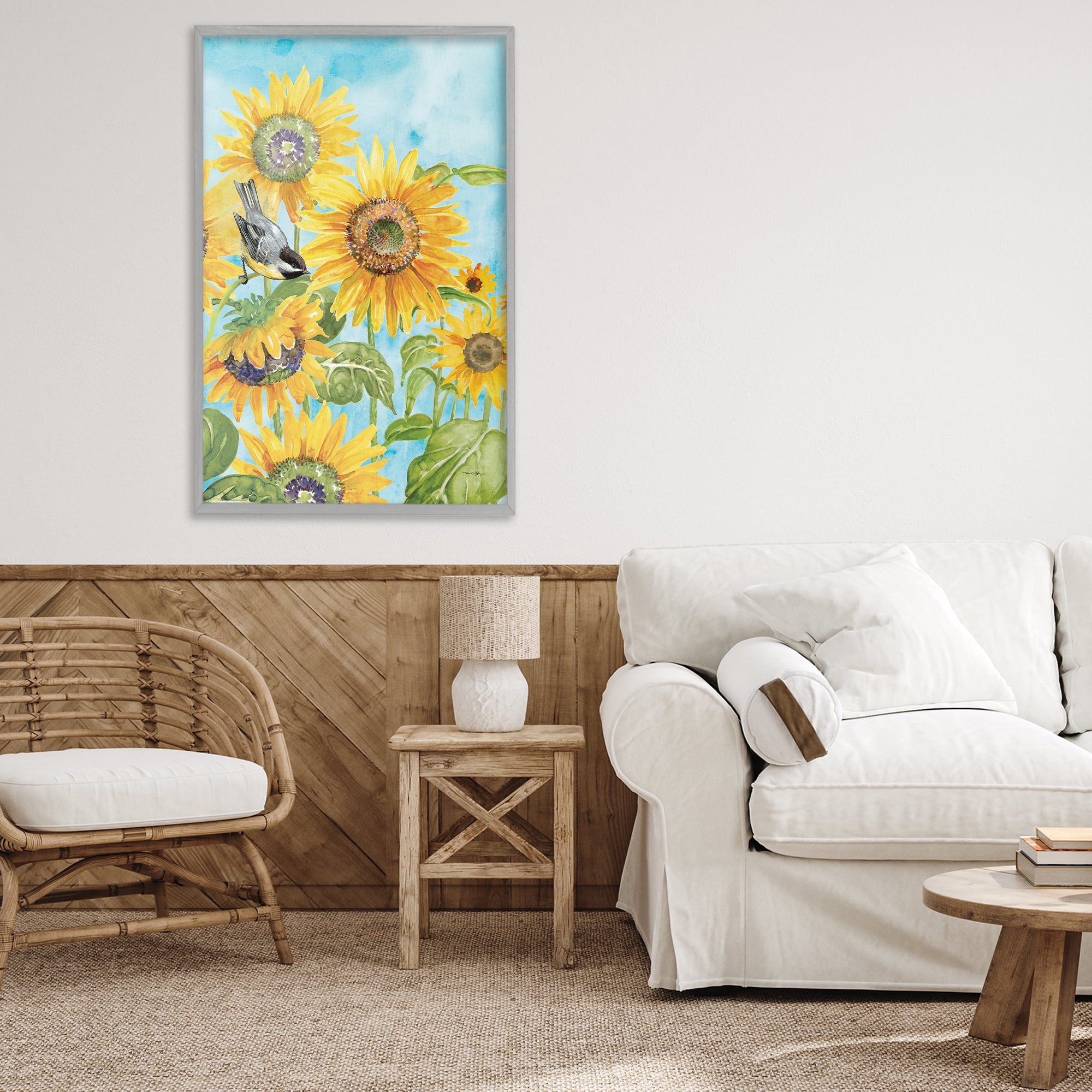 Stupell Industries Sunflower Honey Bird Gray Framed Giclee Art, design by Tim Coffey
