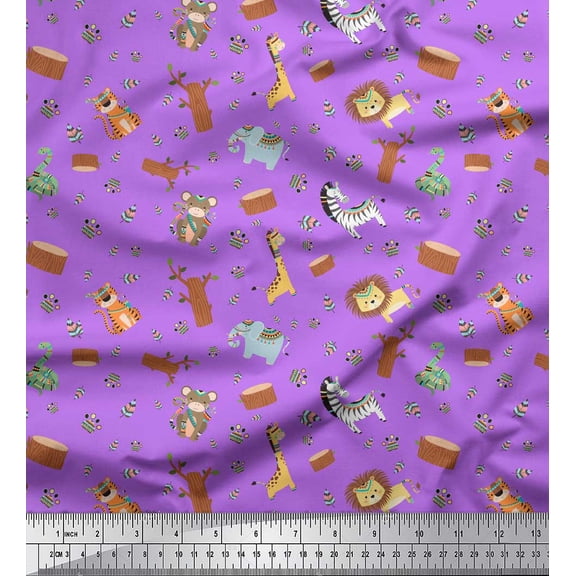 Soimoi Purple Rayon Fabric Animals & Leaves Tribal Decor Fabric Printed Yard 42 Inch Wide