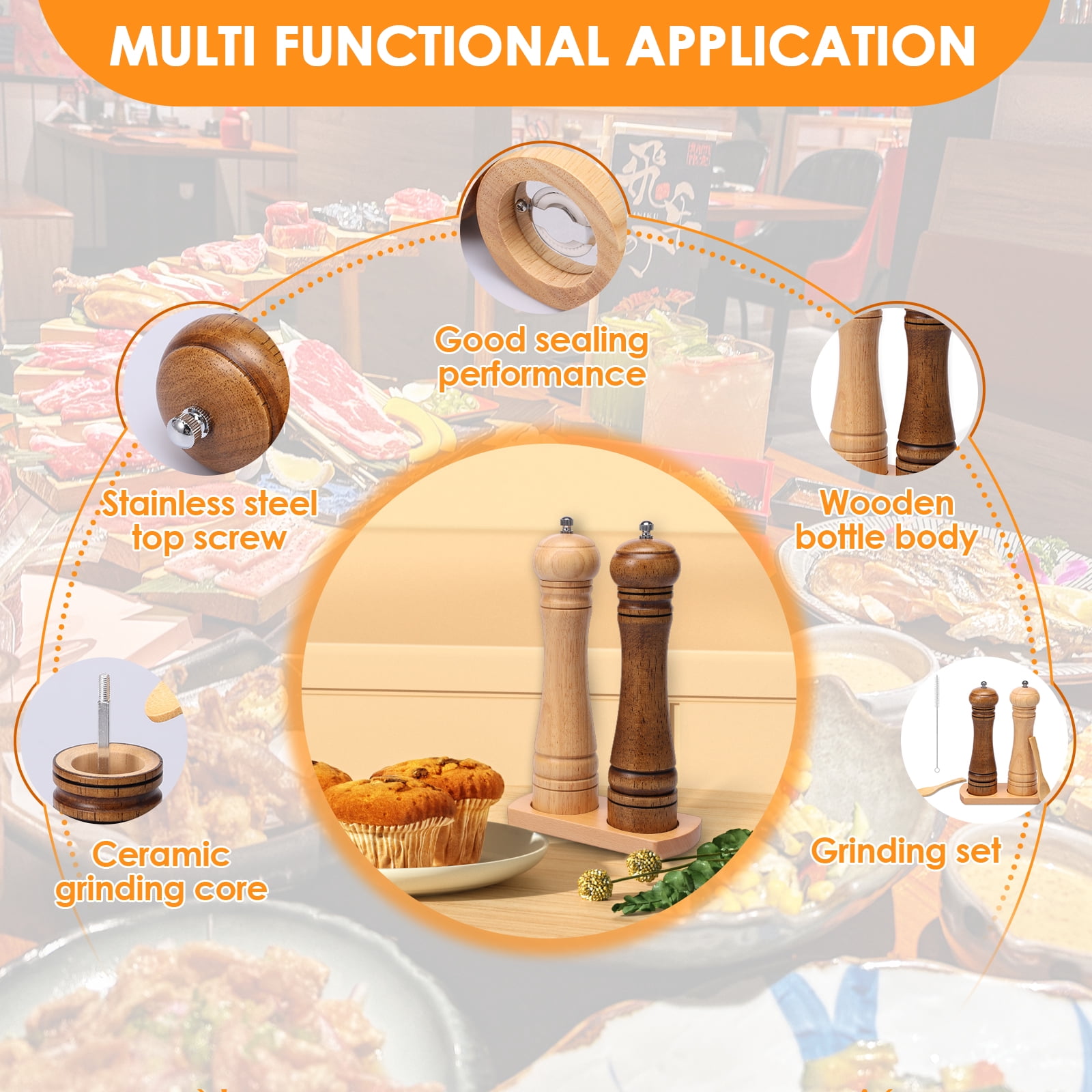 2 Pcs Wood Ceramic Pepper Grinder Professional Particulate Milling