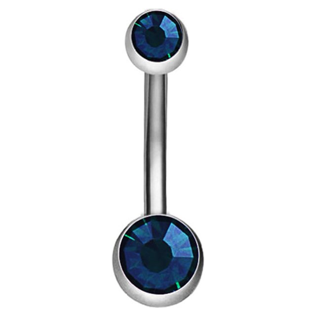 Bouton de Nombril Double Strass en Acier Inoxydable Anti Allergie Piercing Bijoux du Corps (Bleu Paon)