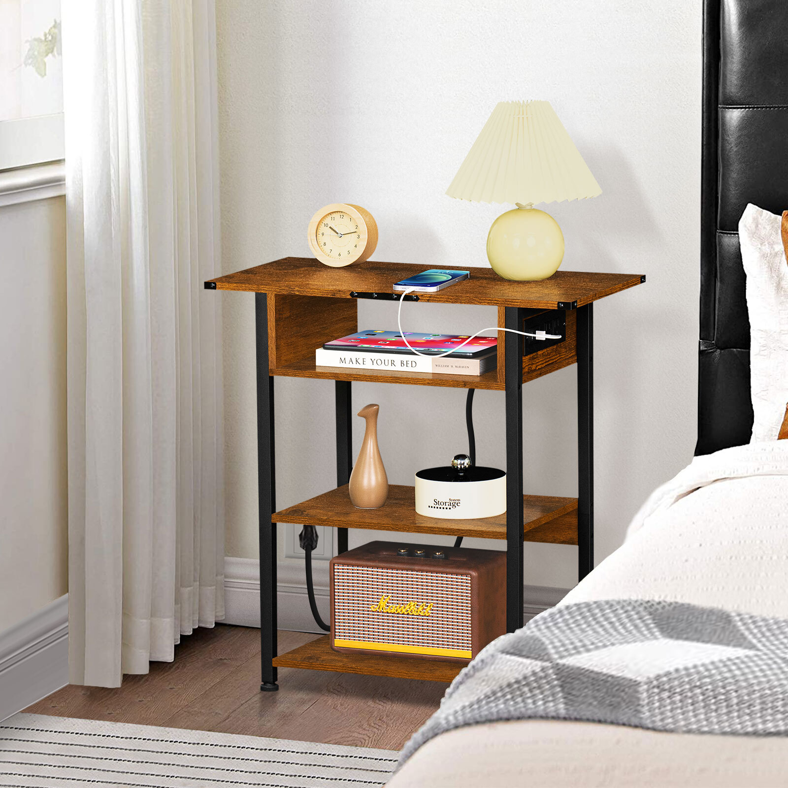 Narrow End Table with Charging Connection, 3 Tier Slim Side Table with Storage Shelf for Small Spaces, Maple End Tables Small Nightstand Magazine Rack for Bedoom