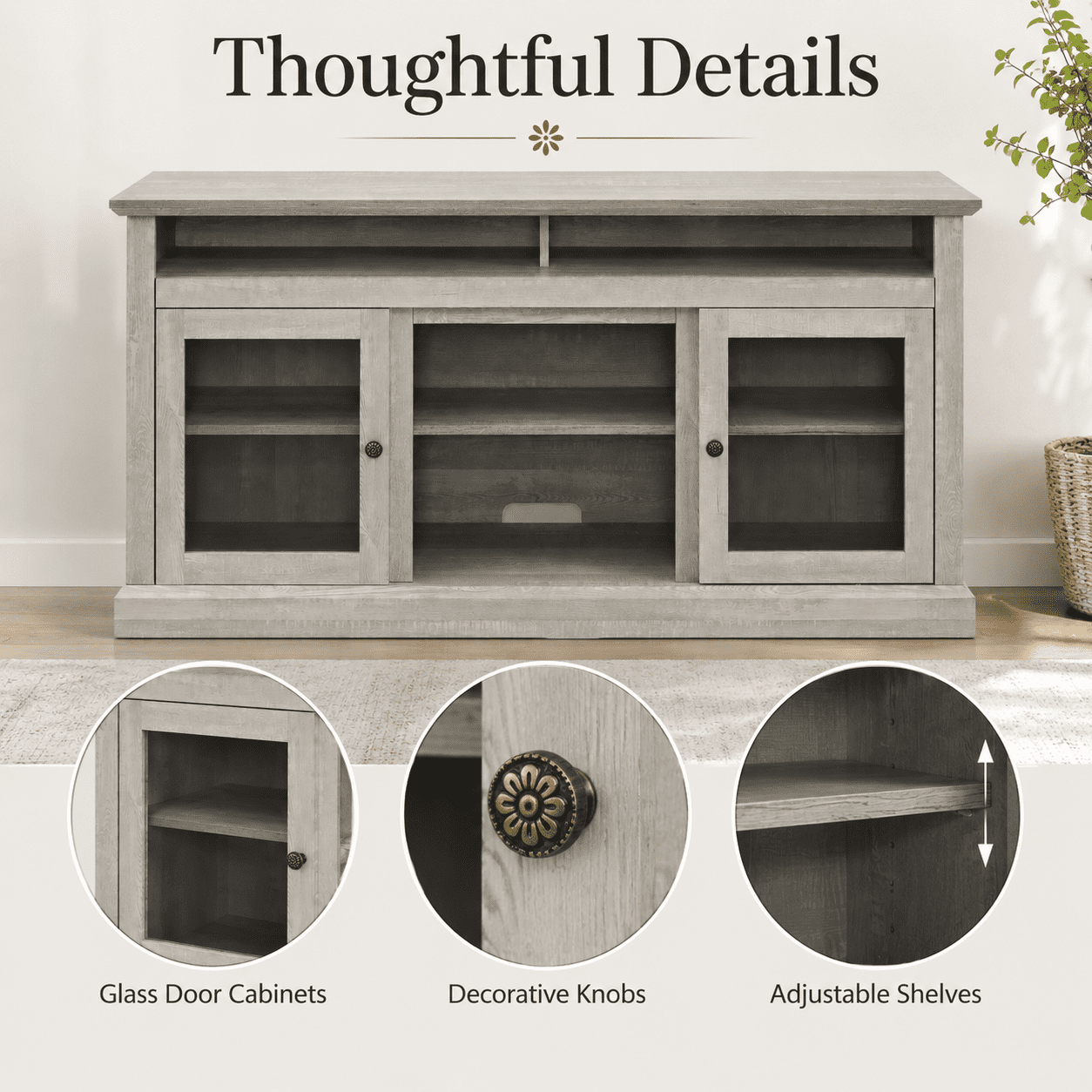 Aukfa 60" Farmhouse TV Stand for TVs up to 65", Wood Entertainment Center, Cable Management, Gray