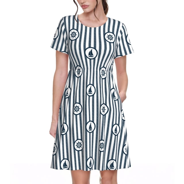 Bixox Robe d'Été à Manches Courtes pour Femmes Robe Ample Longueur Genou avec Poches-Nautique1