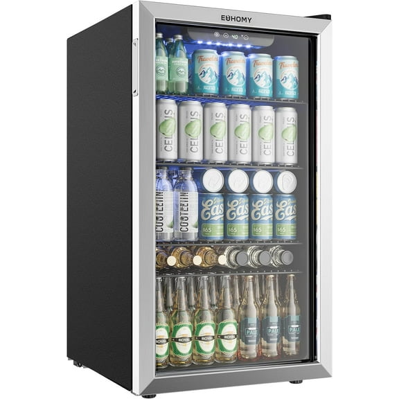 EUHOMY Beverage Refrigerator and Cooler, 128 Can Mini fridge with Glass Door, Small Refrigerator with Adjustable Shelves for Soda Beer or Wine, Perfect for Home/Bar/Office, Silver