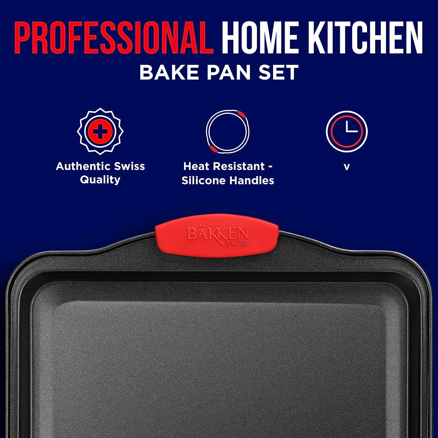 Bakken- Swiss Nonstick Cookie Sheet Pan Carbon Steel Oven Tray Sheet Pan with Red Silicone Handles -Small Bakeware Pan Tray with Gray Coating Inside & Outside