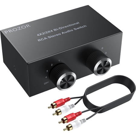 PROZOR 4‑Way Bi‑Directional RCA Stereo Audio Switcher, 2‑In 4‑Out / 4‑In 2‑Out Audio Splitter with OFF Button, Plug & Play, No External Power Required for CD Player, DVD, Stereo Speakers