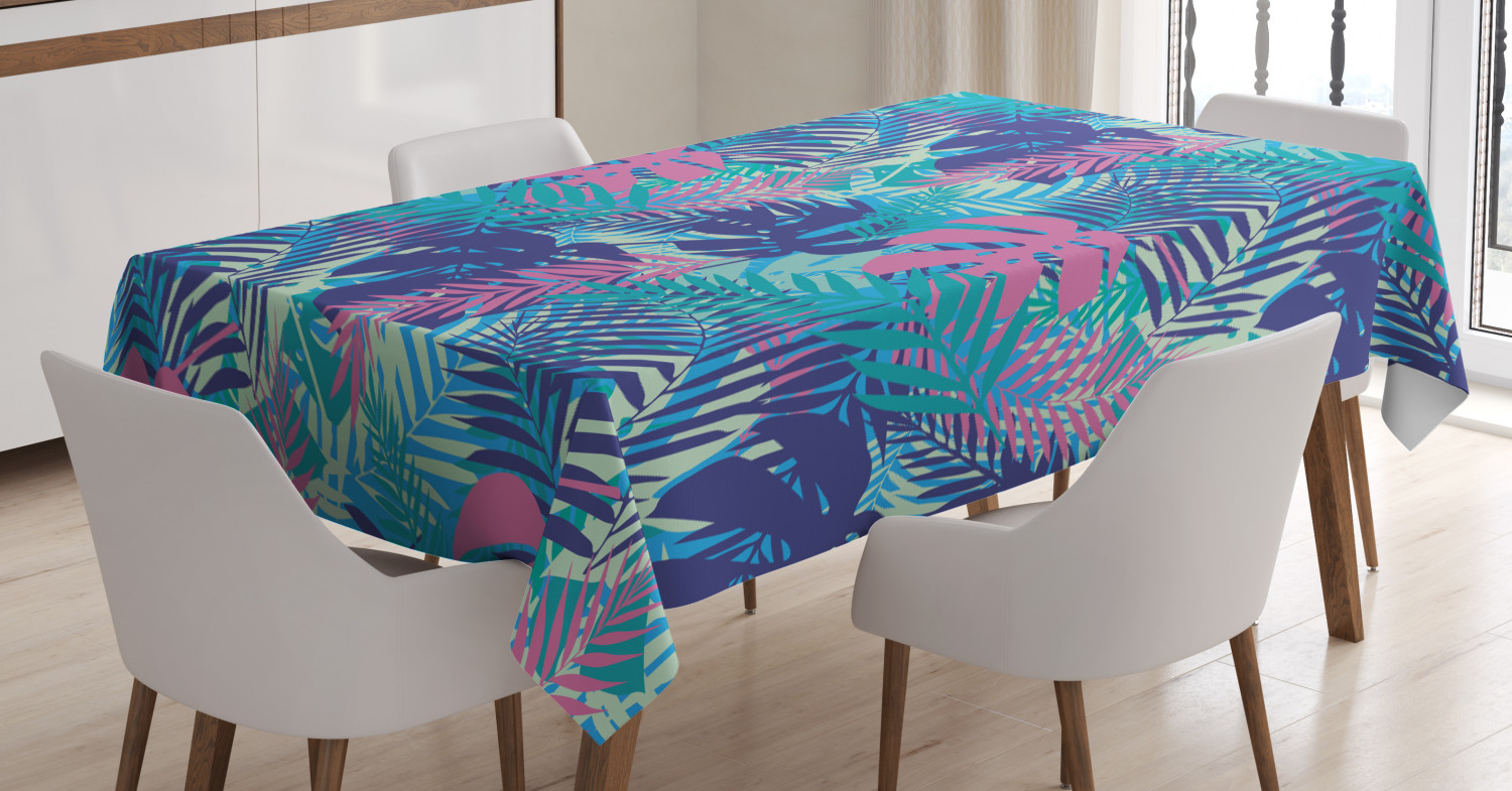 Leaf Tablecloth, Digital Neon Vivid Colored Island Oceanic Flowers and