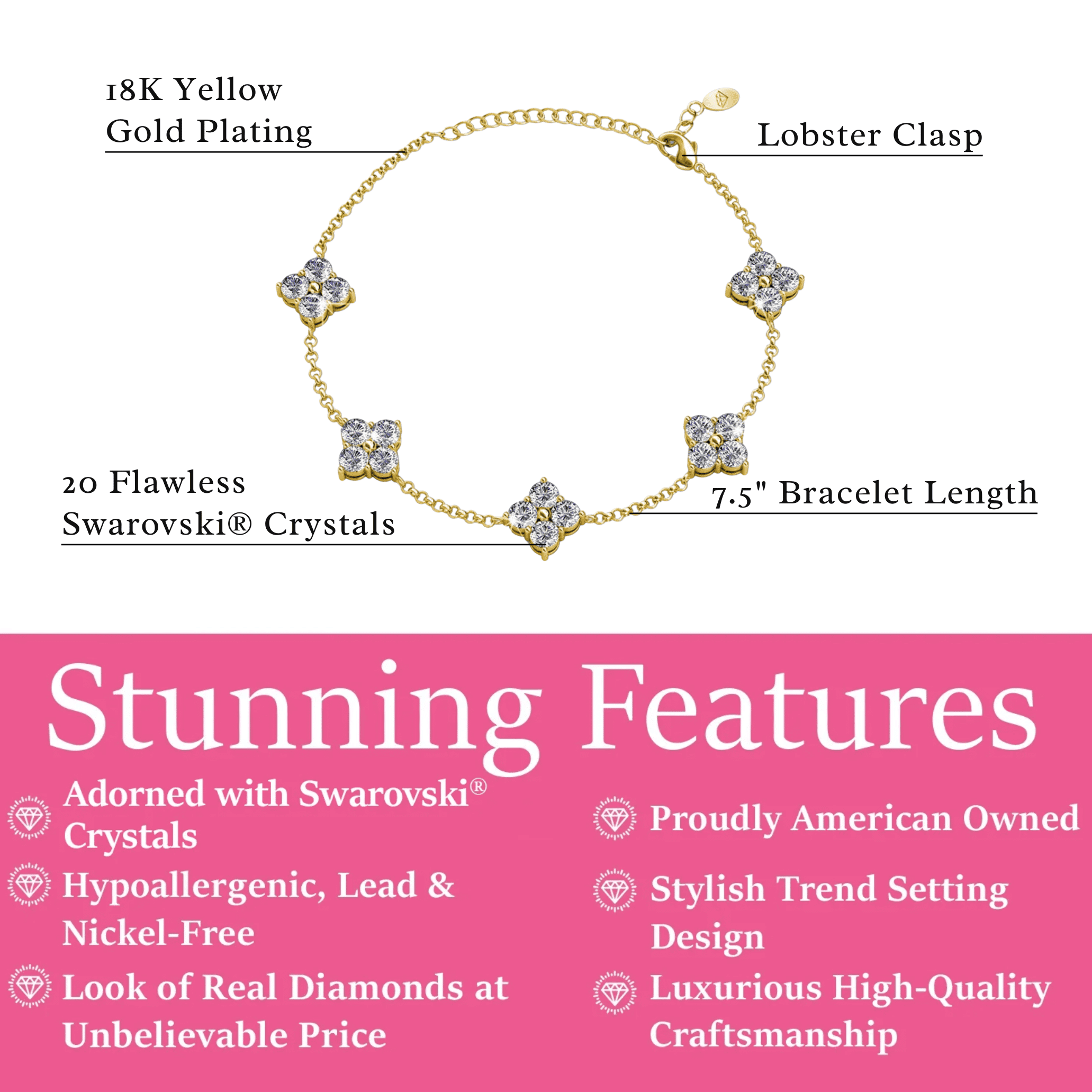 Cate & Chloe Adeline 18k Yellow Gold Plated Chain Bracelet with Swarovski Crystal Clusters for Women