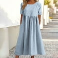 thumbnail image 2 of Cotton Linen Dress Womens Summer Short Sleeve Round Neck Loose Pleated Midi Dresses with Pockets Solid Color (M, Blue), 2 of 6