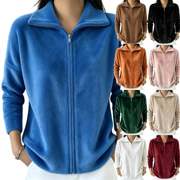 Women's Soft Fleece Zip Up Jacket Stand Collar Long Sleeve Casual Warm Coat Loose Lightweight Fall Winter Casual Outerwear with Pocket White
