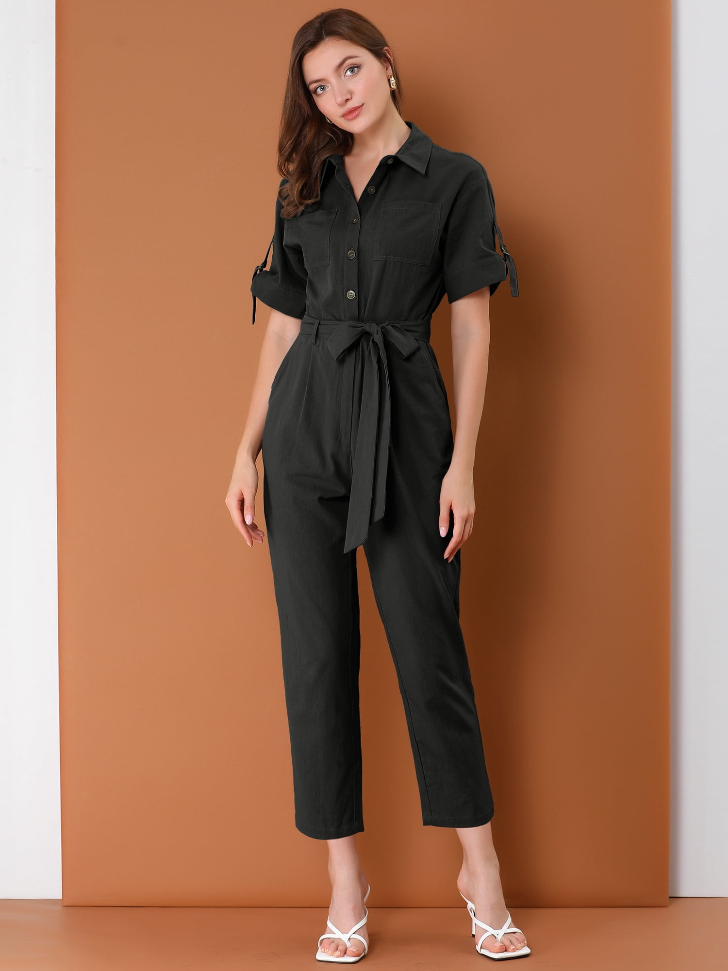 DARING DIVA Women's Button Up Tie Waist Jumpsuit with Pockets XL Black
