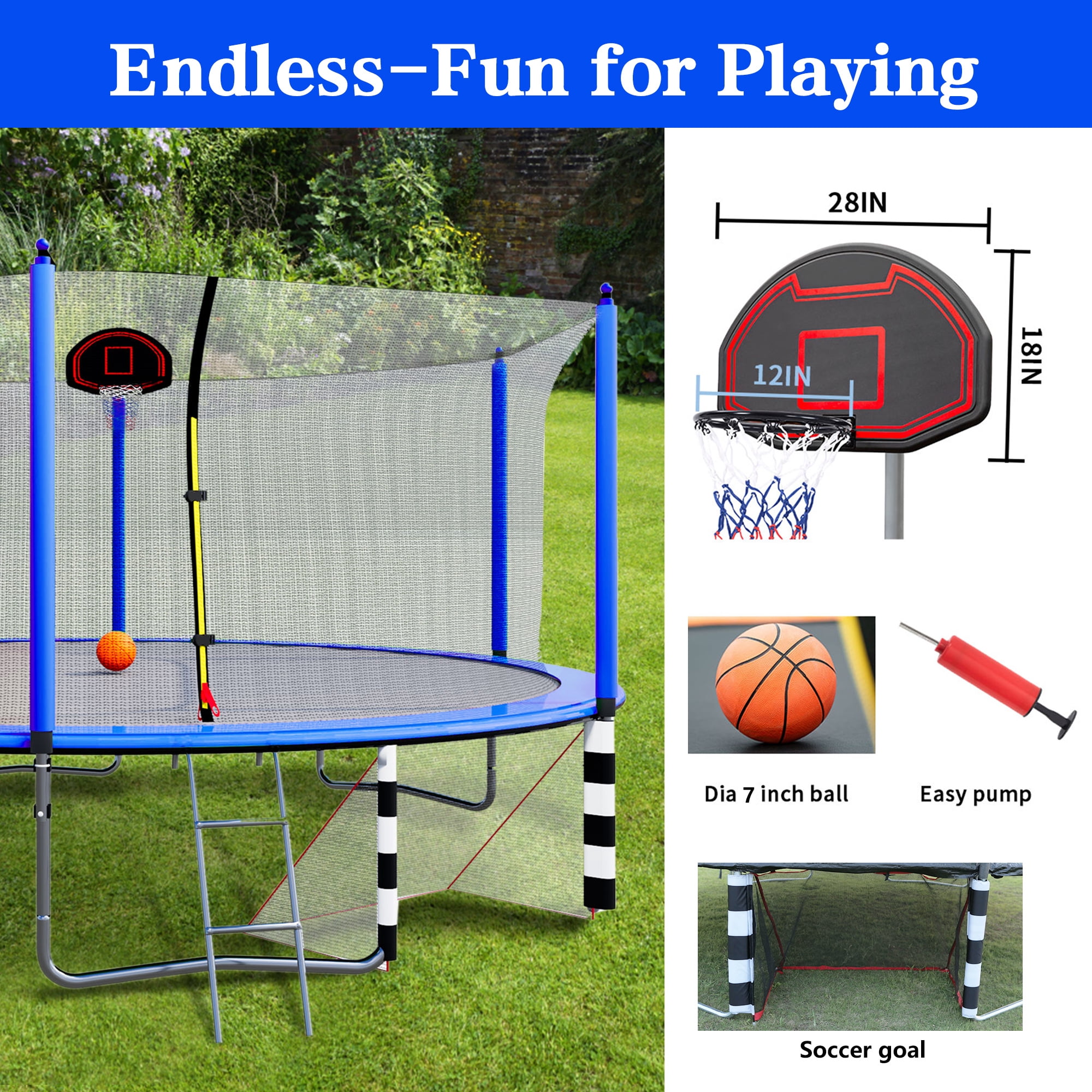 Witaxima 16FT Trampoline with Basketball Hoop, Soccer Goal, Pump & Ladder, Inner Safety Enclosure, Blue - 96 Springs, UV-Resistant, W-Shape Legs