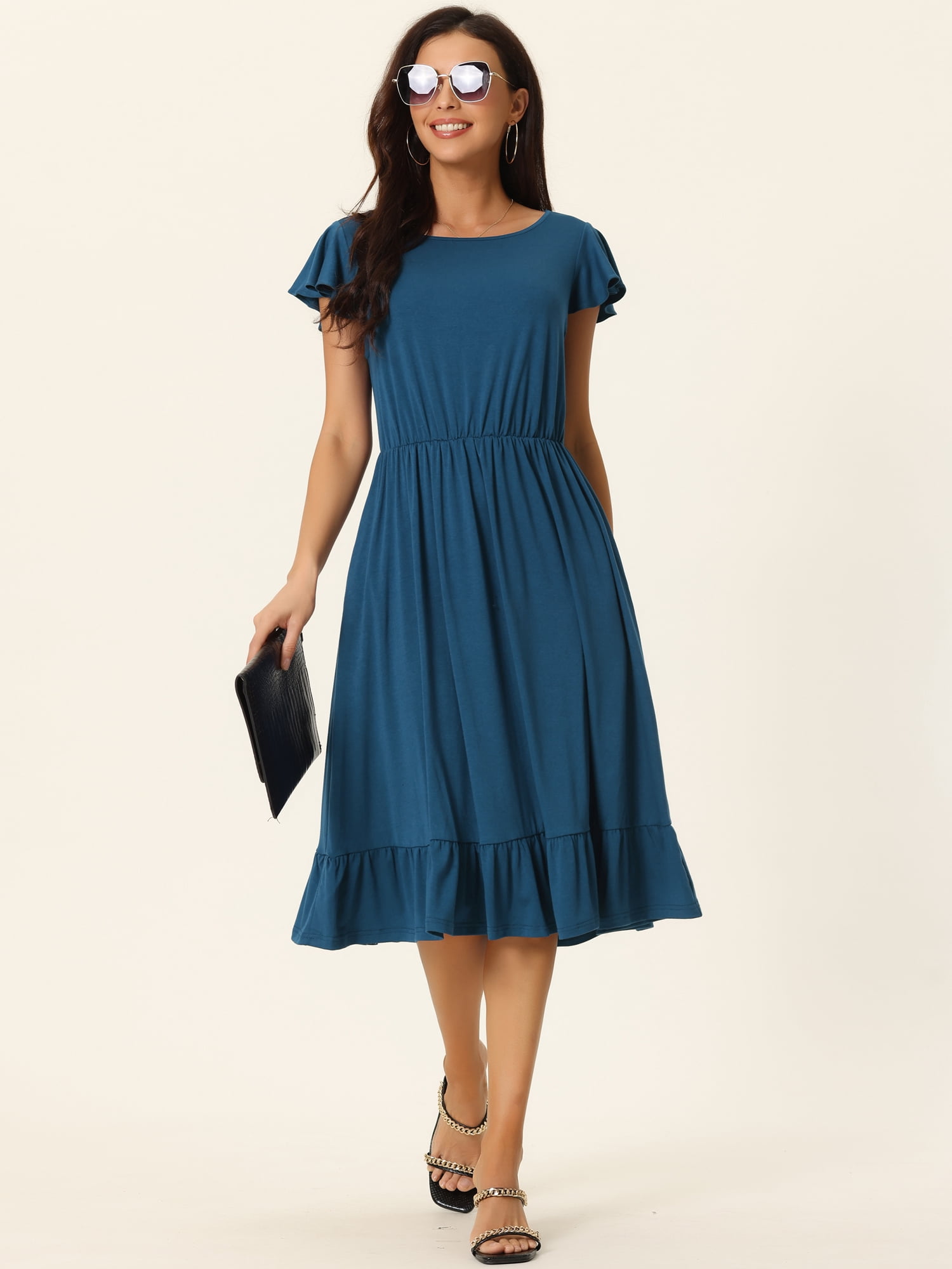 DARING DIVA Women Crew Neck Flutter Midi Dress with Pockets L Blue