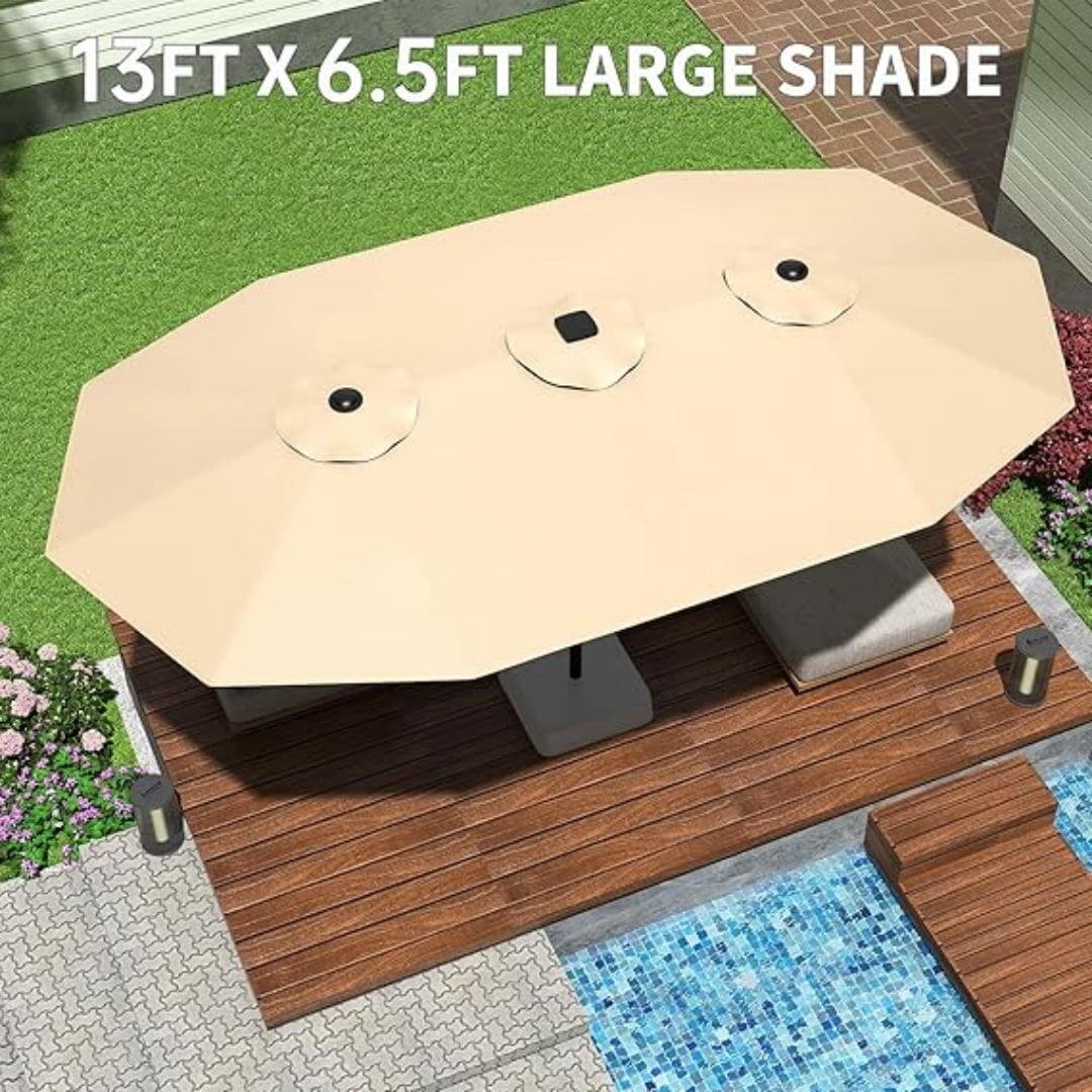 13FT Outdoor Umbrellas for Patio, Double-Sided Rectangular Patio Umbrella Market Umbrella with Base Waterproof and Windproof Fade Resistant Canopy for Deck Pool Garden Backyard