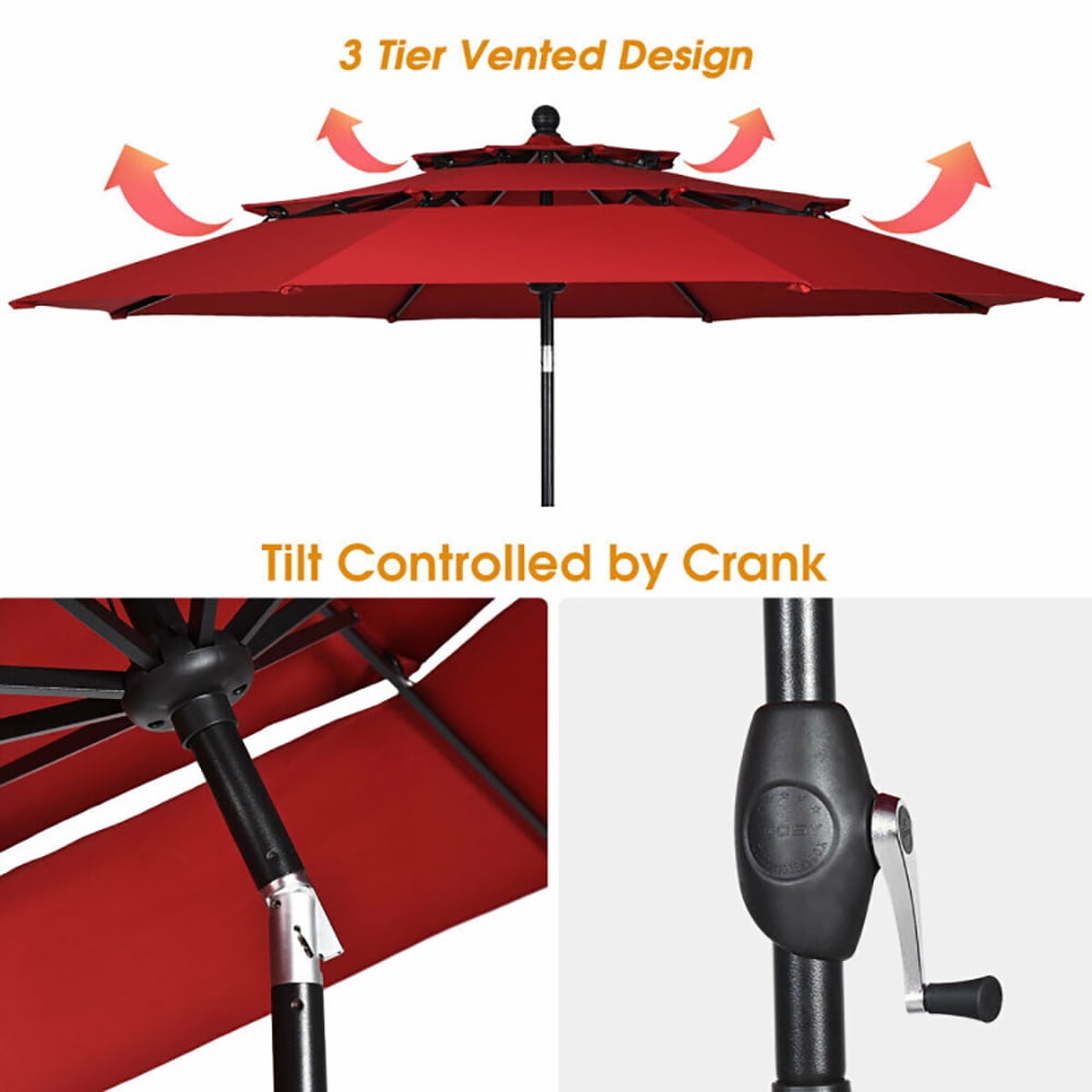 Aimee Lii 10ft 3 Tier Patio Umbrella Aluminum Sunshade Shelter Double Vented without Base, Sunbrella Patio Umbrellas, Burgundy Aimee Lii 10ft 3 Tier Patio Umbrella Aluminum Sunshade Shelter Double Vented without Base, Sunbrella Patio Umbrellas, Burgundy