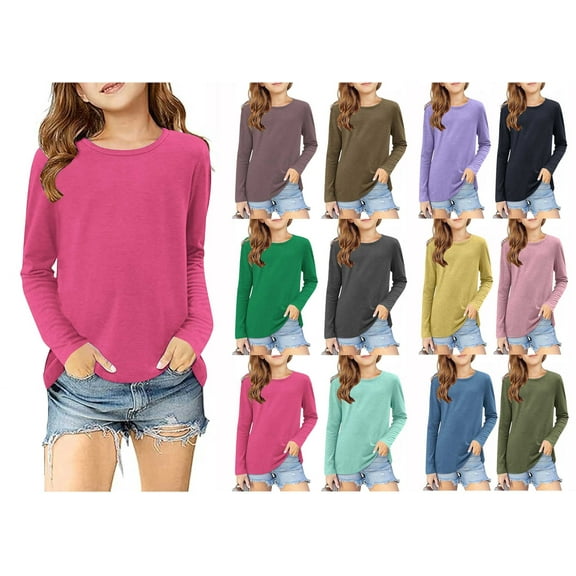 HAOTAGS Toddler Girls Autumn Blouses, Lightweight Crew Neck Casual Pullover Long - Sleeve Tops Hot Pink 4-5Years