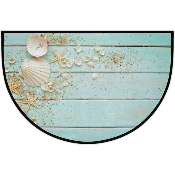 Apular Half Round Door Mat Beach Starfish Seashell Wood GrainIndoor Outdoor Entrance,for Outside Entry Wear Resistant Semi Circle Floor Mats Area Rugs for Kitchen 17x30 Inch
