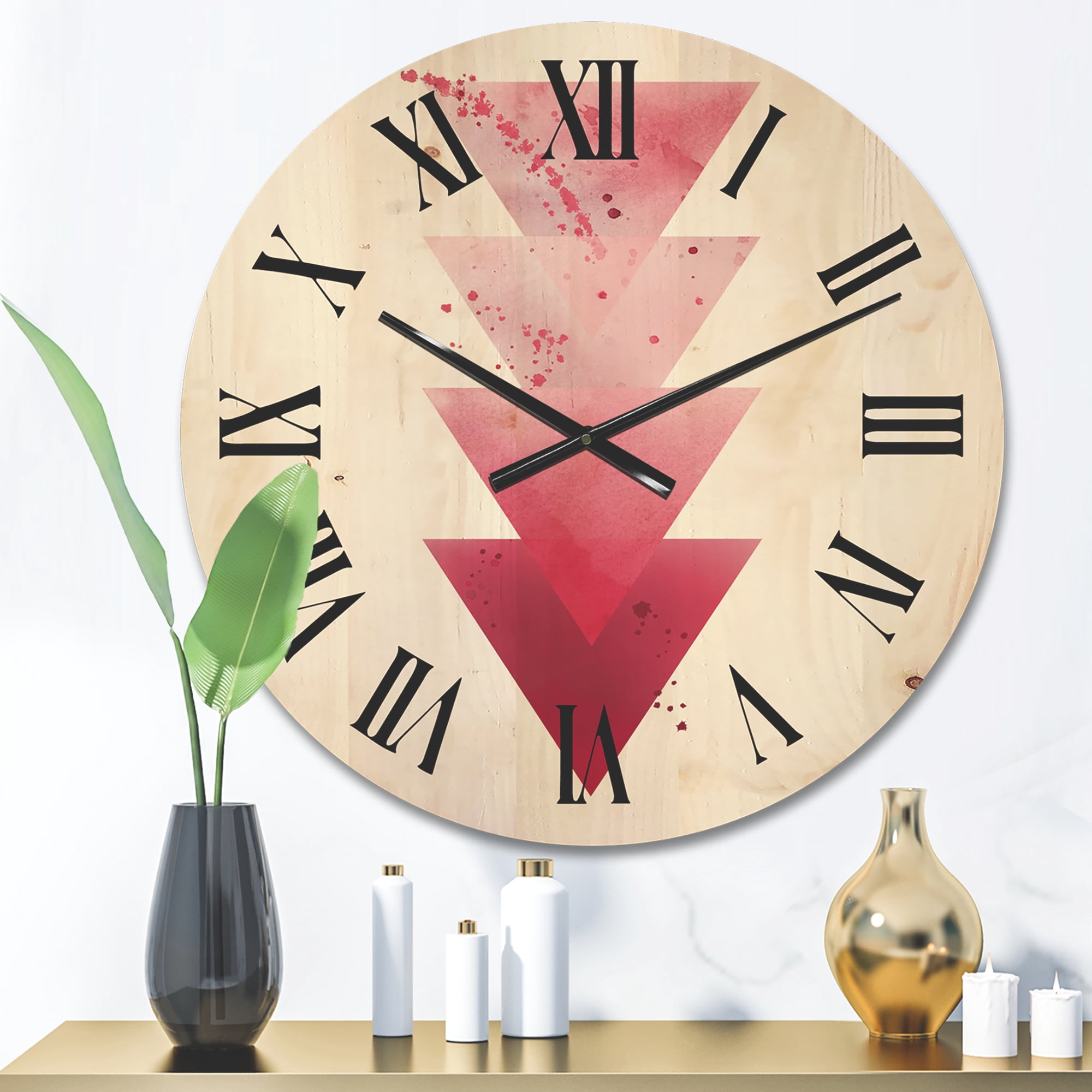 Designart 'Abstract Geometric Art Red Triangles Composition' Modern Wood Wall Clock