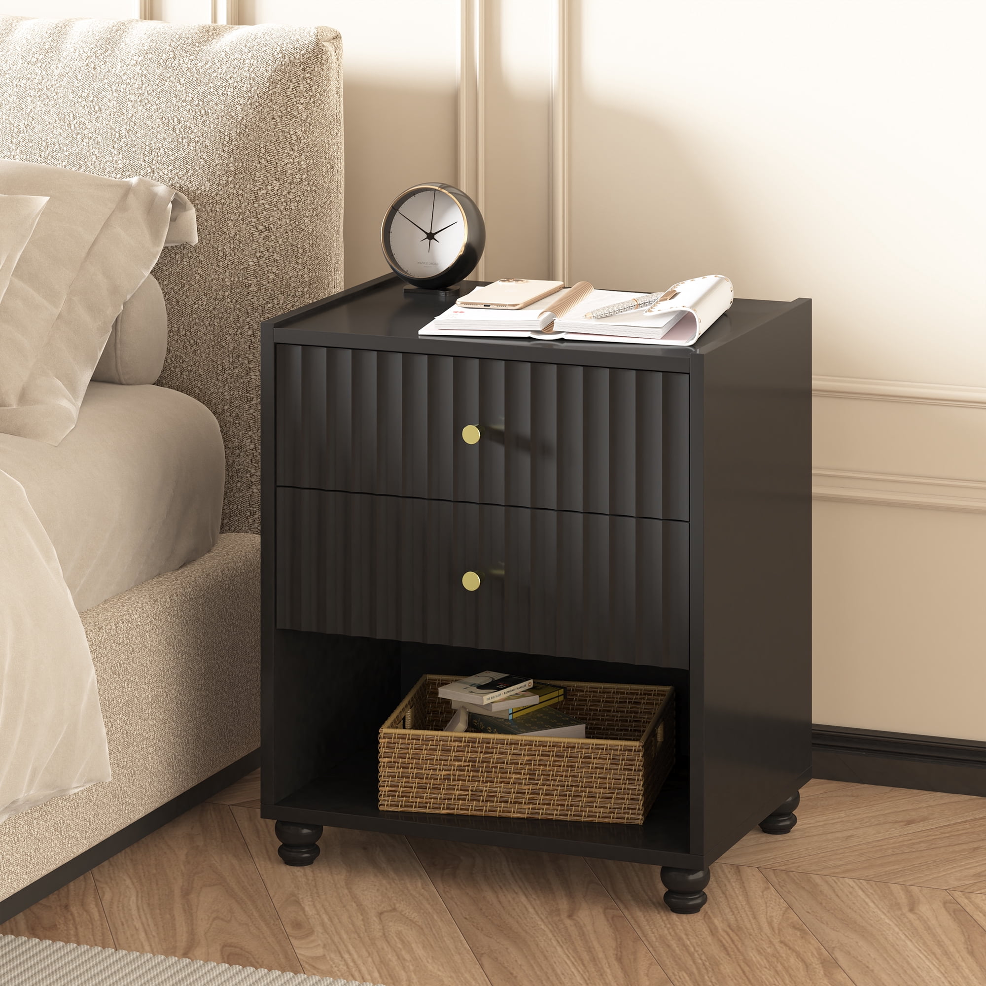 ZOSQUARE Modern Nightstand Set of 2, Black Fluted Bedside Table with 2 Drawers and Open Shelf, End Tables with Gold Knobs for Bedroom, Living Room