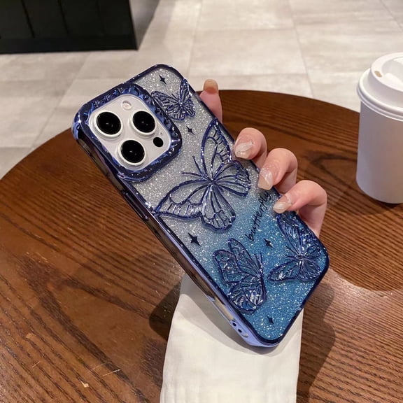 Dteck Butterfly Case for iPhone 14 Pro Max,Shockproof TPU Case with Bling Paper Back Cover for iPhone 14 Pro Max,Blue