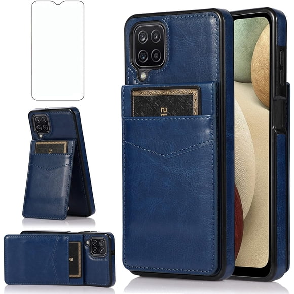REQO Phone Case for Samsung Galaxy A12 with Tempered Glass Screen Protector Credit Card Holder Wallet Cover Stand Leather Cell Accessories Glaxay A 12 12A samsunga12case Cases Women Blue