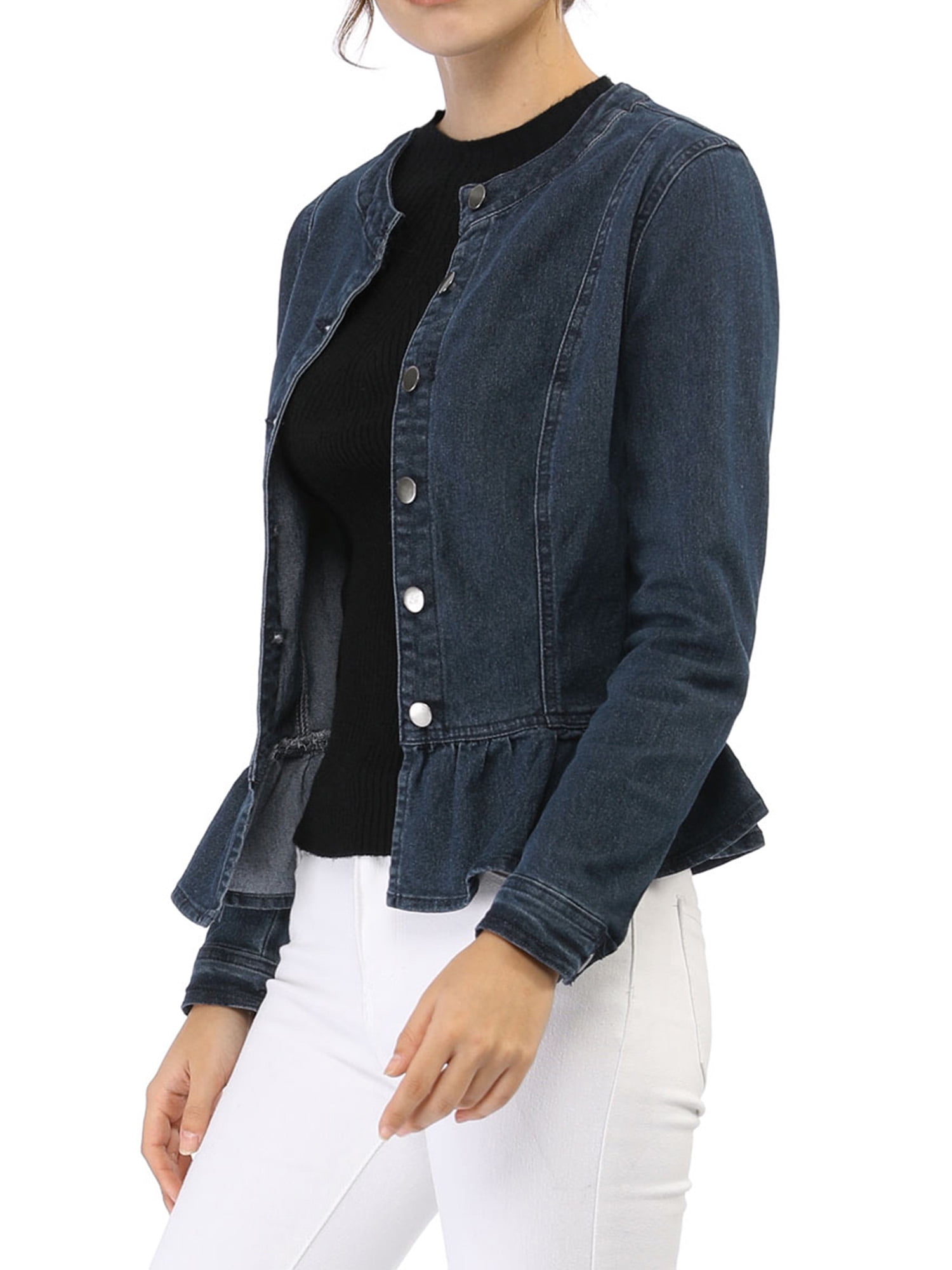 DARING DIVA Women's Button Down Cropped Ruffle Hem Denim Jacket M Blue