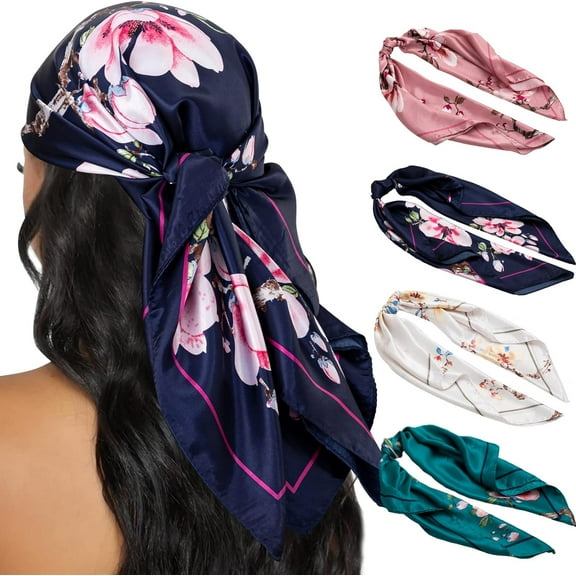 CAILDANL 4PCS Head Scarf for Women 35” Head Scarves Silk Like Satin Neck Scarfs Square Bandana Hair Wraps Scarf for Sleeping