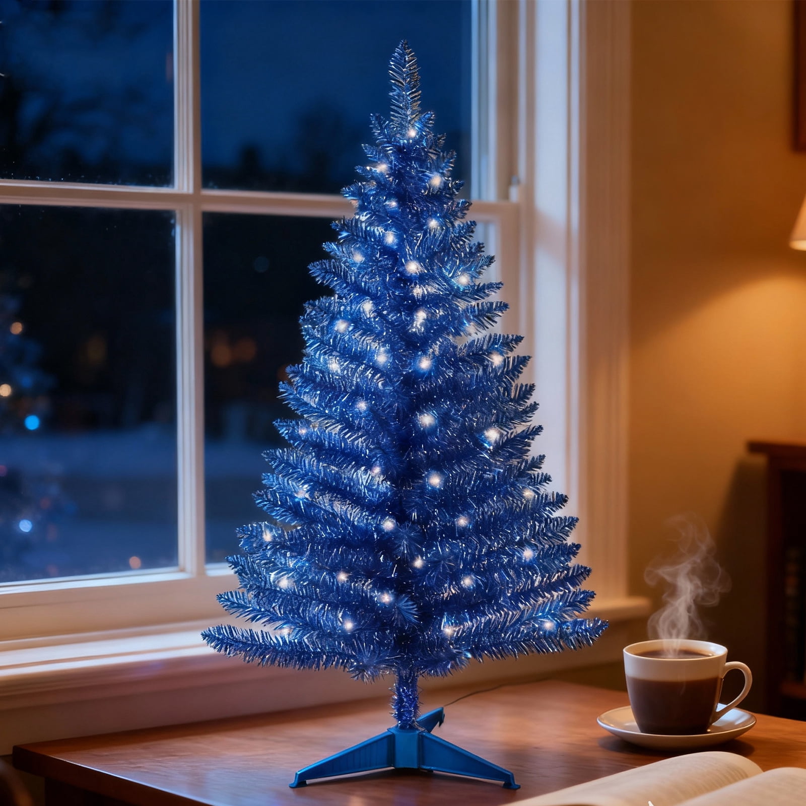 BRINGSTAR 4FT Blue Artificial Christmas Tree, Includes 50 Lights
